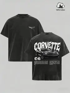 Men's Retro Washed Corvette C6 Graphic Short-Sleeve T-Shirt, Oversized 100% Soft Stretch Cotton Round Neck Casual Top, Unisex Racing Car Merch, Streetwear Gift for Him Black