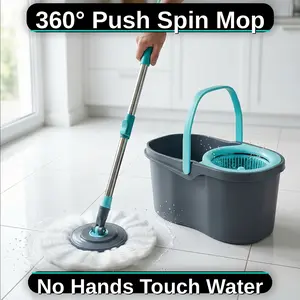 360° Spin Mop AndBucket with Wringer Set, Hands-Free Self-WringingFloor Cleaning System with 2 MicrofiberReplacement Heads, Adjustable 61" Handle forHome Kitchen Bathroom Tile Hardwood