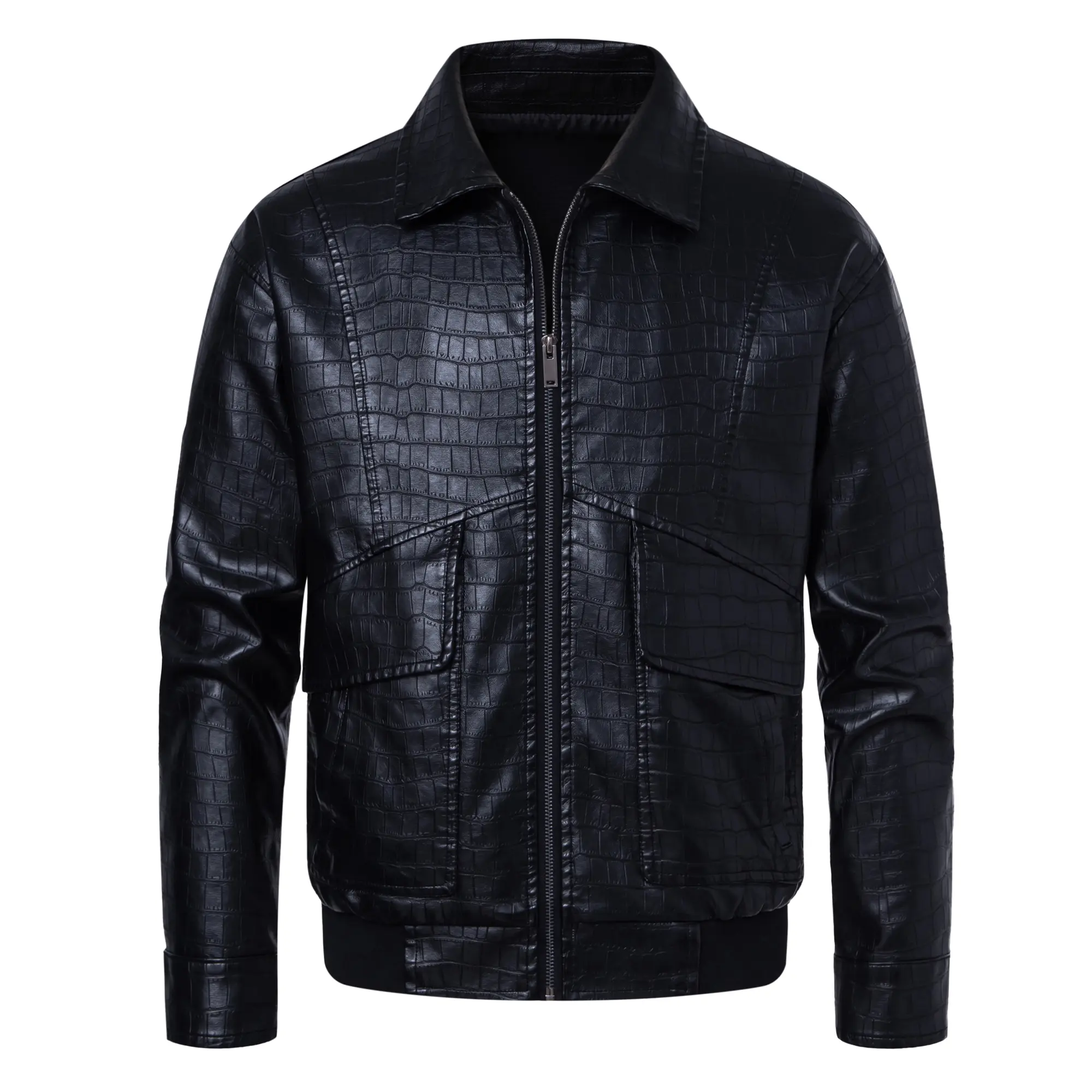 Menswear Crocodile-Patterned Lapel Leather Coat - Shiny, Delicate Stiff Texture, Retro Workwear-Style Large Pocket, Casual Hem, Suitable for Autumn Winter Daily Commute & Street Wear, Ribbed, Zipper, Biker, Fitted