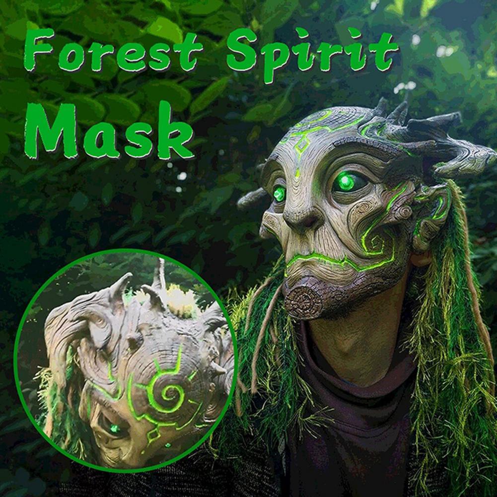 LED Scary Forest Spirit Green Elf Old Man Mask, Realistic Latex Horror Headdress with Creepy Demon Tree Ghost Effect, Halloween Cosplay Costume Party Carnival Prop Adjustable Waist Tightener Clip confetti eggs Golden Handmade Resin Craft Mask for Events