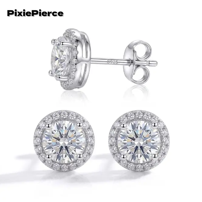Real Moissanite Halo Stud Earrings - S925 Sterling Silver Round Cut Jewelry Round Cut VVS1 Moissanite Halo Stud Earrings - Real S925 Sterling Silver Jewelry d color vvs1 synthetic moissanite