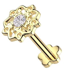 Gold PVD Flower Urge Clear CZ Threadless Titanium Flower Back Labret
