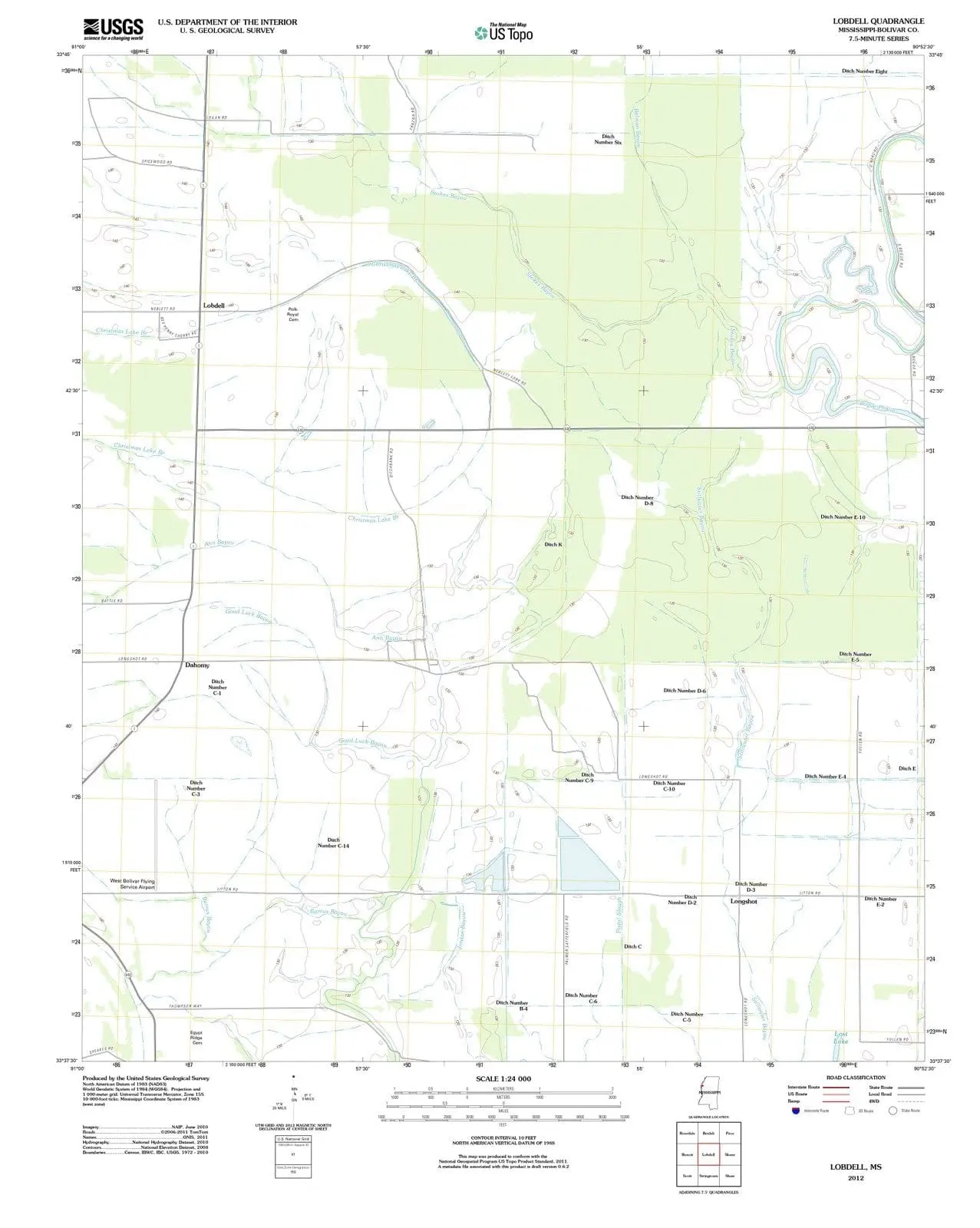 Lobdell Mississippi USGS Topographic Quadrangle Map, 2012, 1:24000