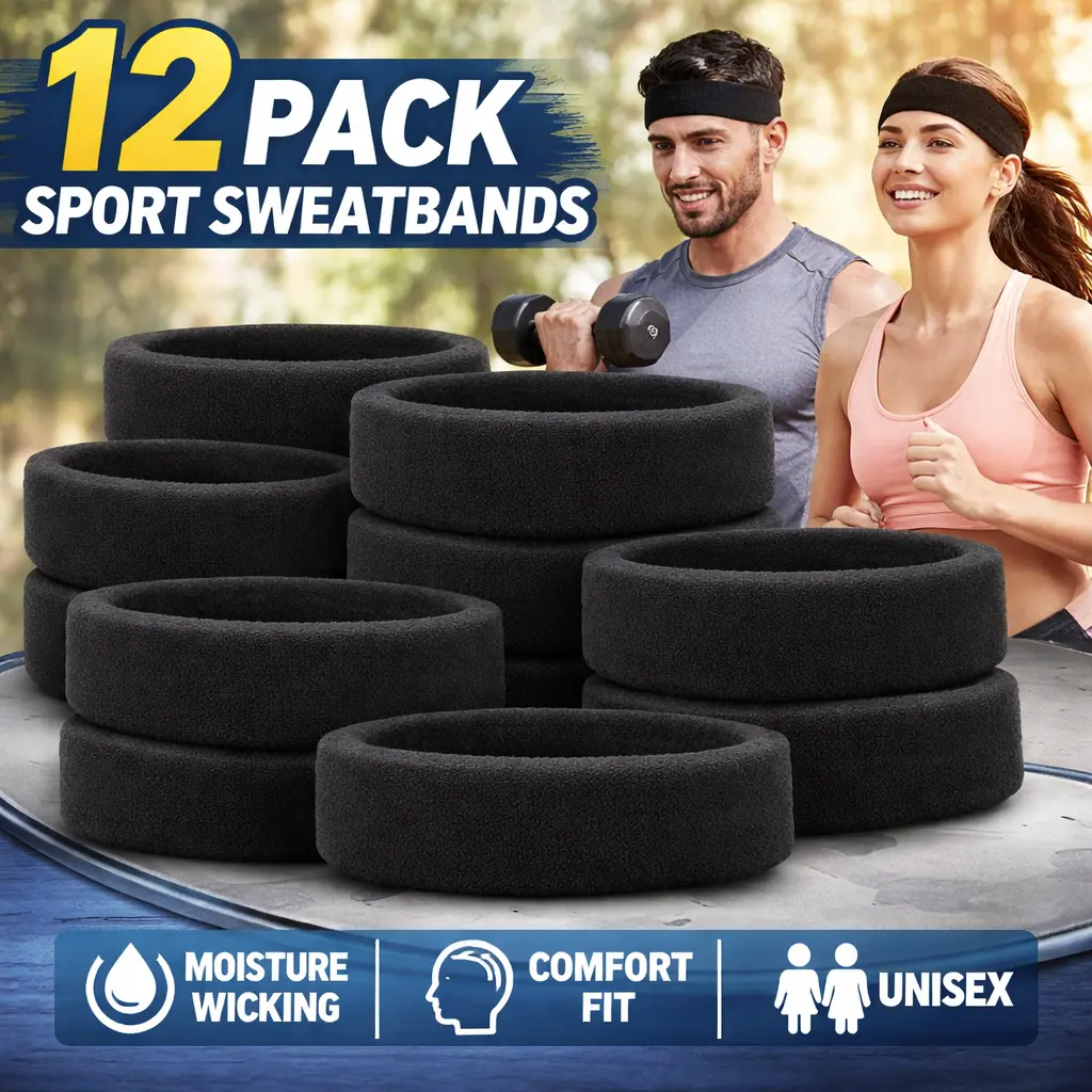 12-Pack Cotton Terry Cloth Headbands – Moisture-Wicking Sweatbands for Basketball, Running, Gym & Yoga – Soft Breathable Sports Headbands for Men, Women & Teens