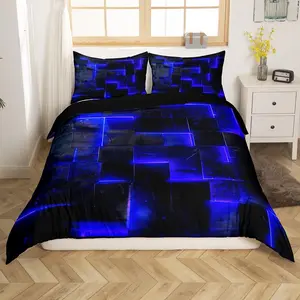 Feelyou 3D Geometric Abstract Aesthetic Duvet Cover Set - Breathable Microfiber Bed Set, Black Navy Blue Decorative Bedding, Glowing Futuristic Cubes Design, Zipper Closure, No Comforter, Breathable Duvet Set