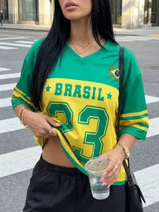 Brazilian Flag Colorblock V-Neck Short Sleeve T-Shirt for Women, Sporty Loose Fit Oversized Streetwear Football Top