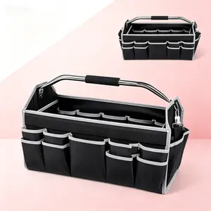 Foldable Open Top Tool Bag Organizer Heavy Duty, 22 Pockets Wide Mouth Tote With Handle, Durable Electrician Tool Bag For Men, Large Capacity Portable Tool Storage, Grey Industrial Tool Carrier