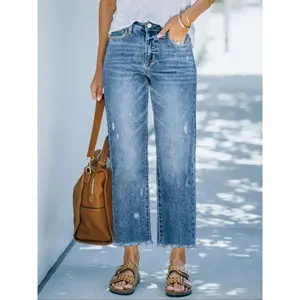 Women’s basic straight-leg jeans with a raw hem in multiple colors, loose fit, casual style, suitable for all seasons, plain pattern, pants