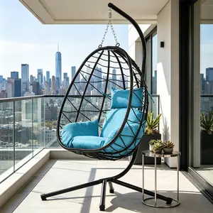 Summervibes Wicker Egg Swing Chair, Oversized PE Rattan Hanging Basket Hammock with Metal Stand for Patio Balcony Bedroom