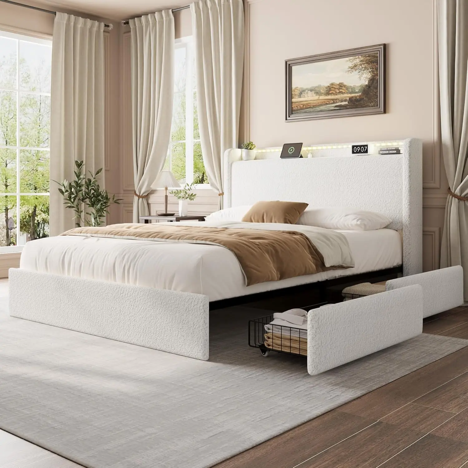 【Christmas Gift】White Queen Size Boucle Bed Frame with Charging Station and LED Lights Platform Upholstered Bed Frame with 4 Storage Drawers and Storage Headboard No Box Spring Needed Wood Slats Noise