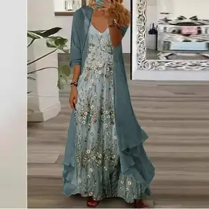 Womens's Casual 2 Piece Set Boho Floral Print Maxi Dress with Cardigan Flowy Chiffon Wedding Guest Dresses for Women Summer Peplum Womenswear Comfort Fabric Knitted