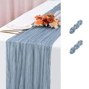 Bohemian Style Blue Cheese Cloth Table Runner, 2 Pack Lace Table Runners, Perfect for Wedding Birthday Party Decorations