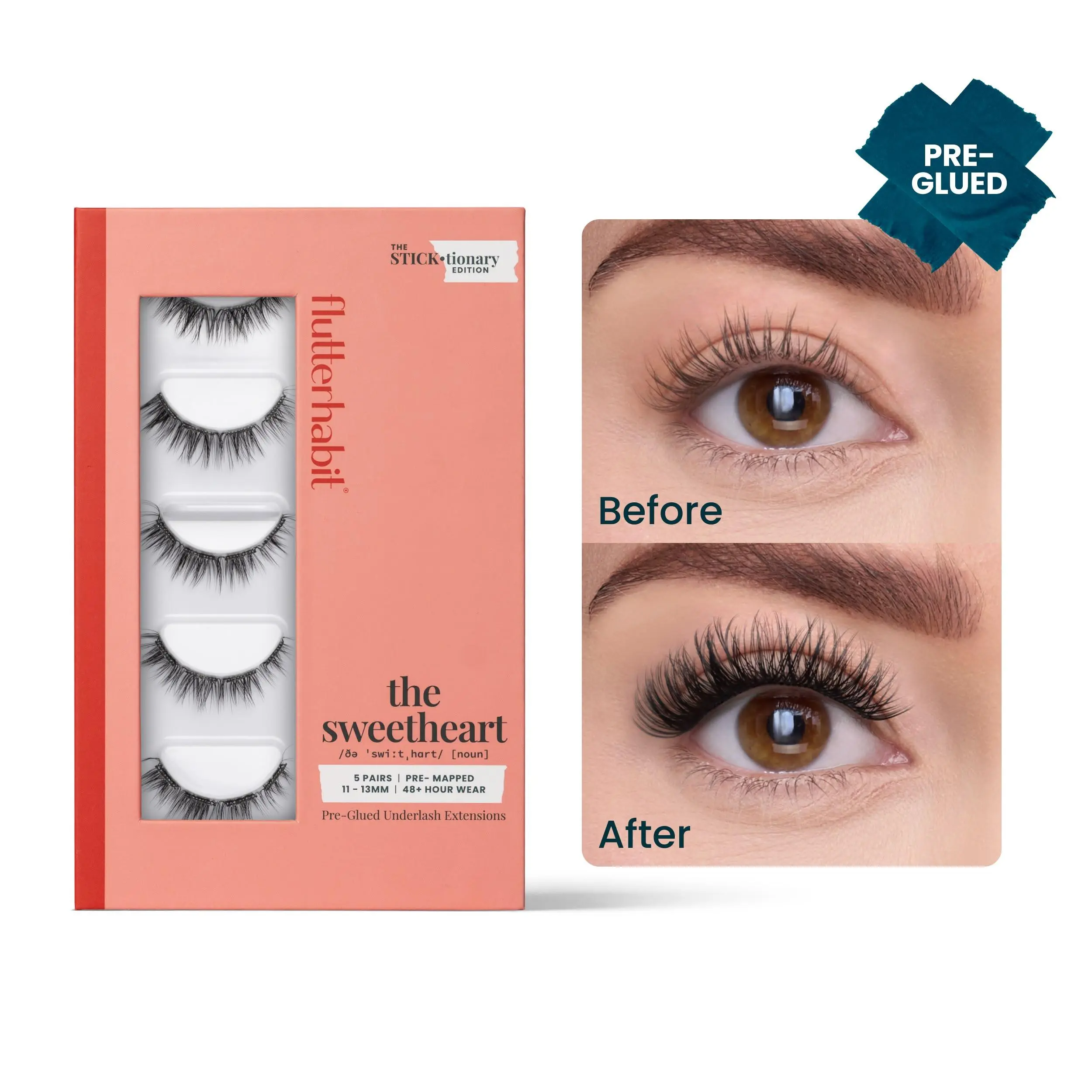 FlutterHabit The Sweetheart Pre-Glued Press On Eyelash Extensions STICKtionary Edition Dramatic C Curl 11-13MM for Multi-Day Wear - Cosmetic