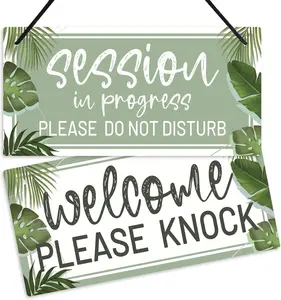 Welcome Please Knock Sign, Session in Progress Door Sign for  Office, Counseling, Hotel, , 10x5 Inches PVC Botanical Plaque