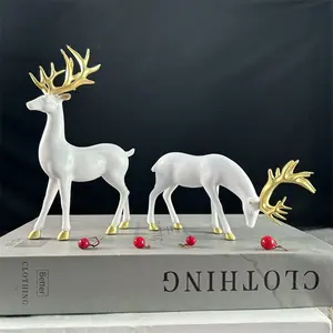 Set of 2 White Elk Figurines with Gold Antlers, Elegant Reindeer Couple Ornaments for Home Decor, Living Room, Mantel & Shelf, Christmas & Thanksgiving, Perfect Gift