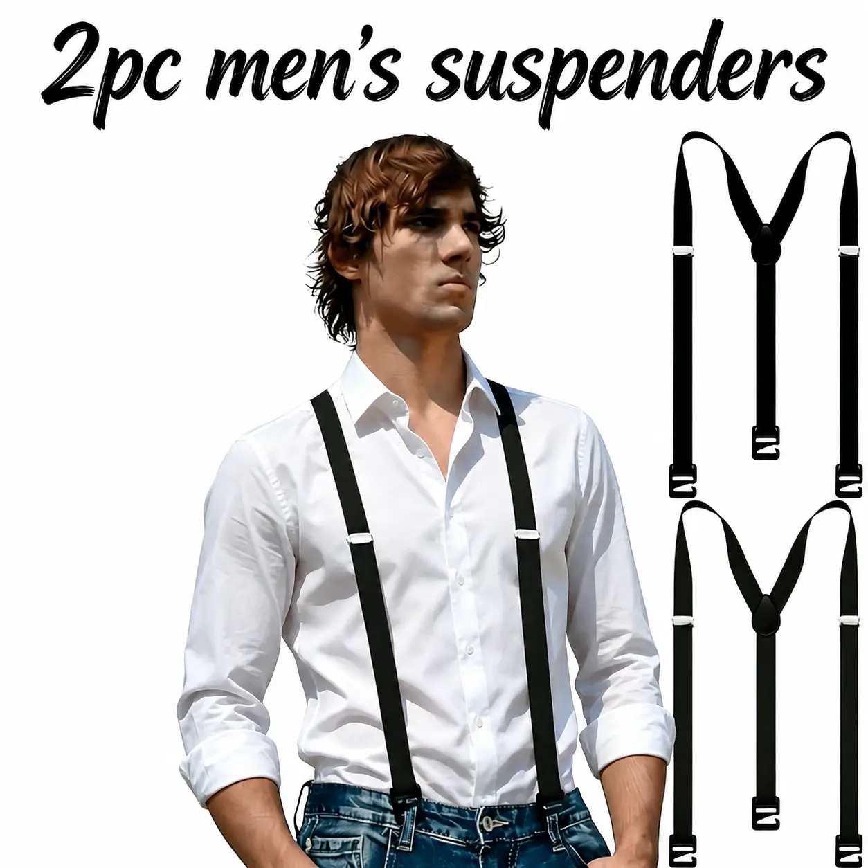 2pcs Set Of Men's Black Polyester Suspenders, Adjustable Elastic Straps with Plastic Buckles, Suitable for Daily Wear And Outdoor Activities, Outdoor Accessories | Secure-fitting Suspenders | Elastic Straps