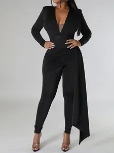 Sexy Deep V Long Sleeve Bodycon Jumpsuit, Elegant Plain Design, Tight-Fitting & Slimming Effect, All Season Wearable