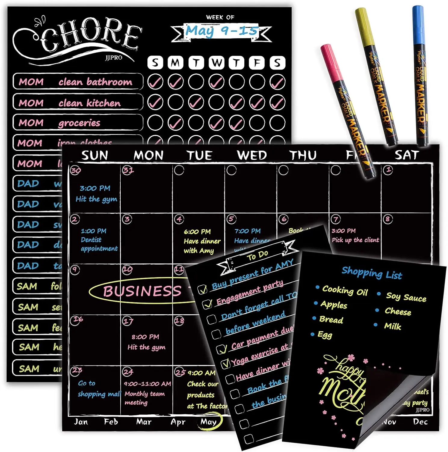 Magnetic Chalkboard Monthly Calendar - Reward Chore Chart Blackboard Combo Set with Neon Bright Liquid Chalk Markers - Bonus Grocery List and Notepad Blackboard for Refrigerator Included
