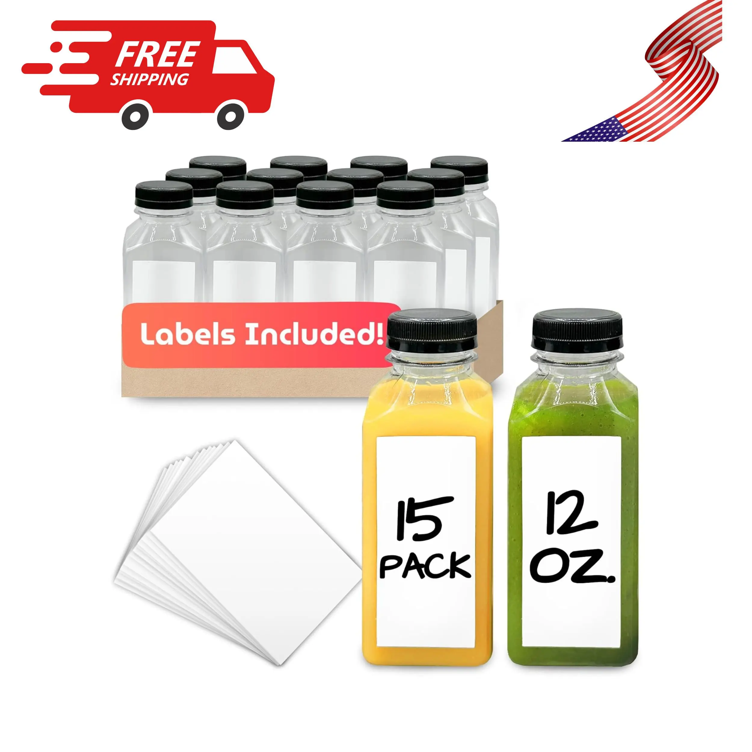 Plastic Juice Bottles [15 Pack] [12 oz] Square Plastic Juice Bottles