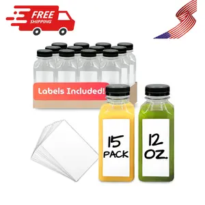 Plastic Juice Bottles [15 Pack] [12 oz] Square Plastic Juice Bottles