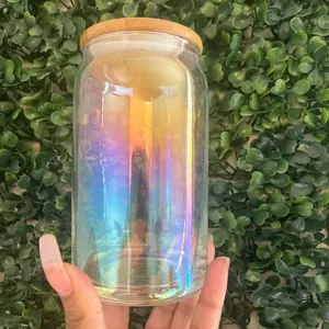 13oz Plain As Is Holographic Glass Cup Drinkware Bamboo Straw