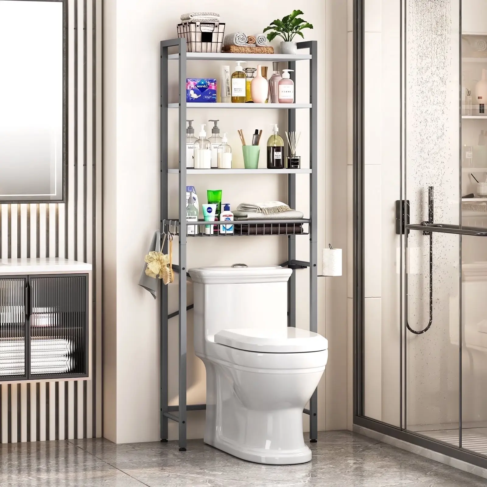 Biemlerfn Over The Toilet Storage Shelf, 4-Tier Wooden Bathroom Organizer Adjustable Saver Space Rack with Toilet Paper Holde