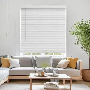 Faux Wood Blinds for Indoor Windows, 34" Width x 60" Height Cordless Window Blinds with Valance for Home, No-Hole Privacy Slats,2" White Blinds for Kitchen, Bathroom & Living Room