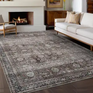 Large Area Rugs Vintage Living Room Rugs with Non-Slip Backing, Machine Washable Oriental Distressed Floor Carpet, Stain-Resistant Foldable Low Pile Rugs for Bedroom, Office
