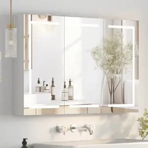 Mepplzian 47 x 30 Inch Extra Large Lighted Bathroom Medicine Cabinet with Mirror, Large 3-Door Wall Mounted Bathroom Medicine Cabinet with Lights, Dimmable Mirror with Storage