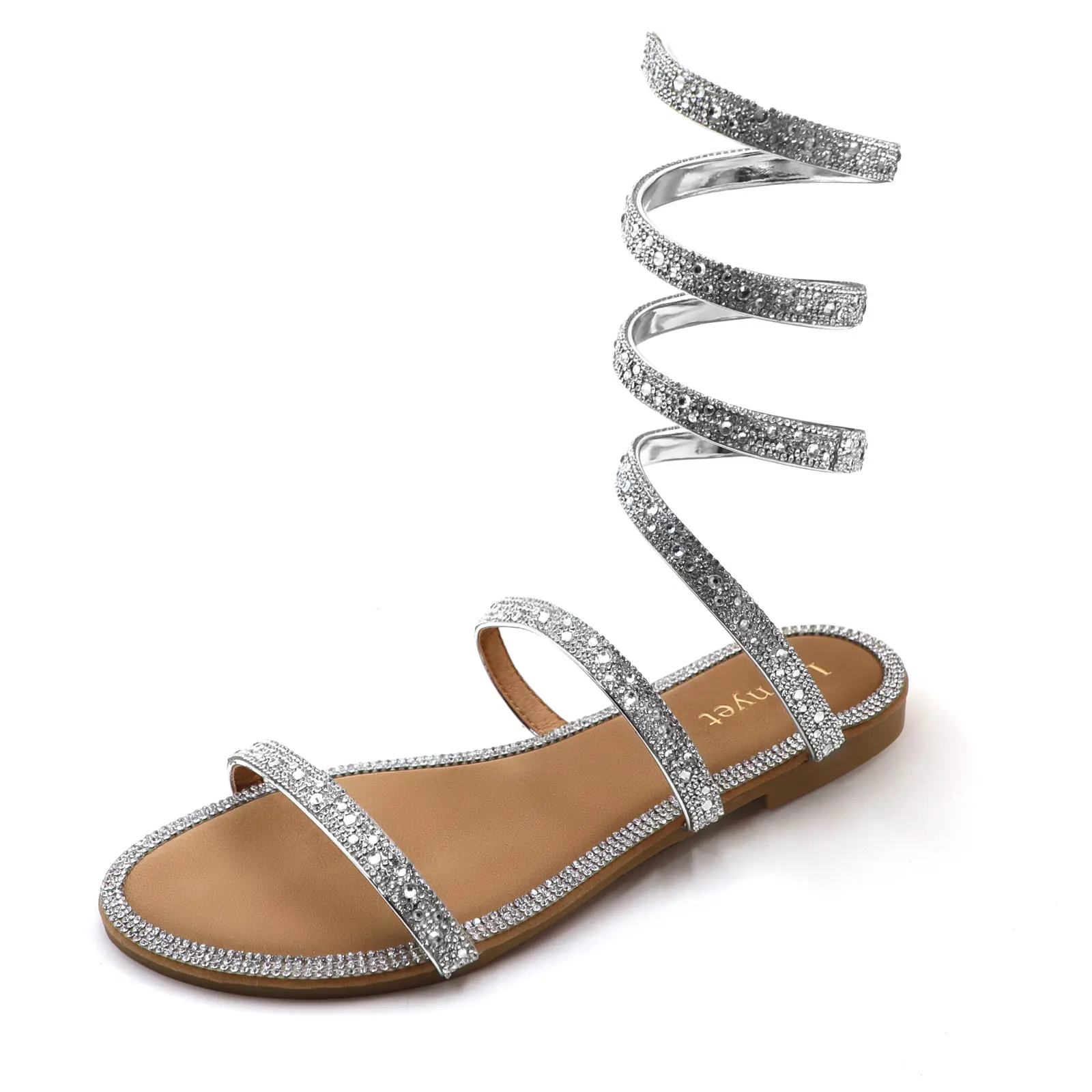 Women's Fashion Padded Spiral Ankle-Wrap Round-Toe Flat Sandals Footwear - Sparkly Glitter Rhinestone Strappy PU Leather Upper, Rubber Sole, Party Shoe for Ballroom, Wedding Walking Shoes Lace flip flops sandals for summer cute sandals women sandals