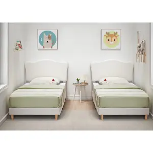 Garvee Stylish Twin Upholstered Bed Frame with Scalloped Velvet Headboard, Sturdy Wooden Slats, Noise-Free Platform, Modern Low Profile Design, Easy Assembly, No Box Spring Needed, Beige Color