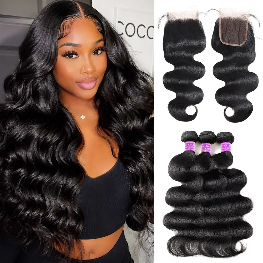 Ama Body Wave Bundles With Closure 4x4 Lace Closure With Bundles Virgin Human Hair Bundles With Closure