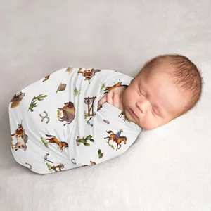 Sweet Jojo Designs Western Cowboy Boy Baby Swaddle Blanket Infant Newborn Lightweight Jersey Stretchy Receiving Security Stroller Cover Wild West Southern Charm Country South Horse Cow Farm Animal