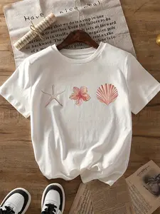 Girls' Short-Sleeve Summer T-Shirt - Pure Cotton, Breathable &amp; Comfortable, Round Neck, Loose Fit with Starfish &amp; Seashell Graphic Design, Casual Summer Top for Youngsters &amp; Teens