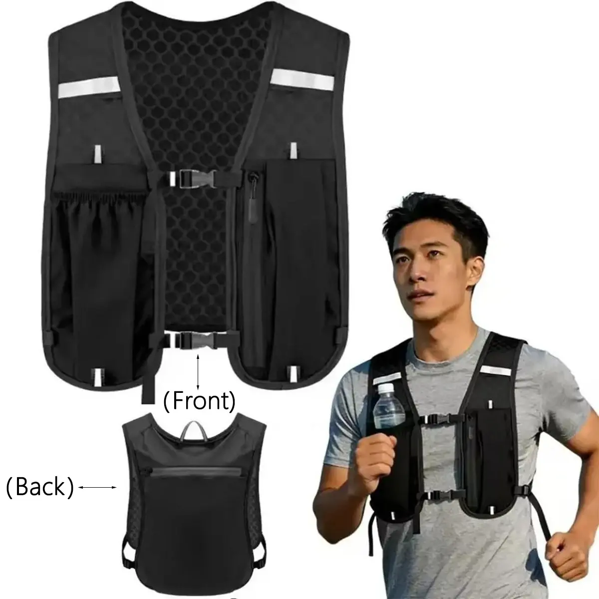 Unisex Lightweight Sports Vest, Adjustable Straps & Zipper Pockets, Breathable Mesh Back, Ideal for Running, Fitness, Hiking, Training