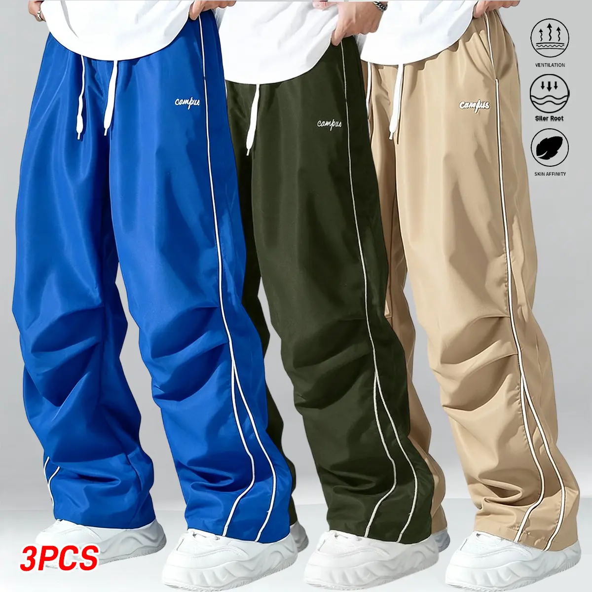 Men’s casual long pants 3-piece set, suitable for everyday wear and outdoor sports; stylish casual athletic pants with a drawstring elastic waistband design; menswear, men’s long pants.