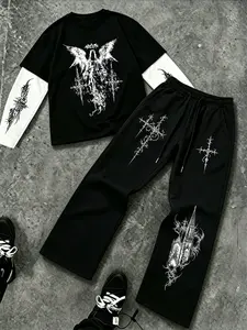 Men's American Dark Style Casual Prints Set, Comfortable Breathable Fake Two-Piece Long Sleeve T-Shirt + Drawstring Wide Leg Pants, Angel/thorn Versatile Two-Piece Set