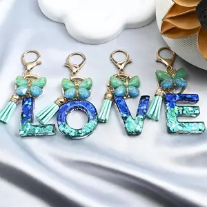 Personalized Initial Keychain, Ombré Teal Blue Green Resin with Glitter & Tassel - Handmade Epoxy Letter Key Ring, Custom Name Gift for Women Men