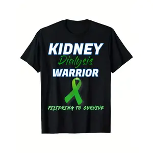Kidney Dialysis Warrior Graphic T-Shirt - 100% Cotton, Black with Bold "KIDNEY DIALYSIS WARRIOR" Print & Green Ribbon Design, Casual Loose Fit for Parents, Sizes S-XXXL, Perfect Gift for Mom and Dad, Casual Wear |    double print  Vintage Metalcore Tshirt