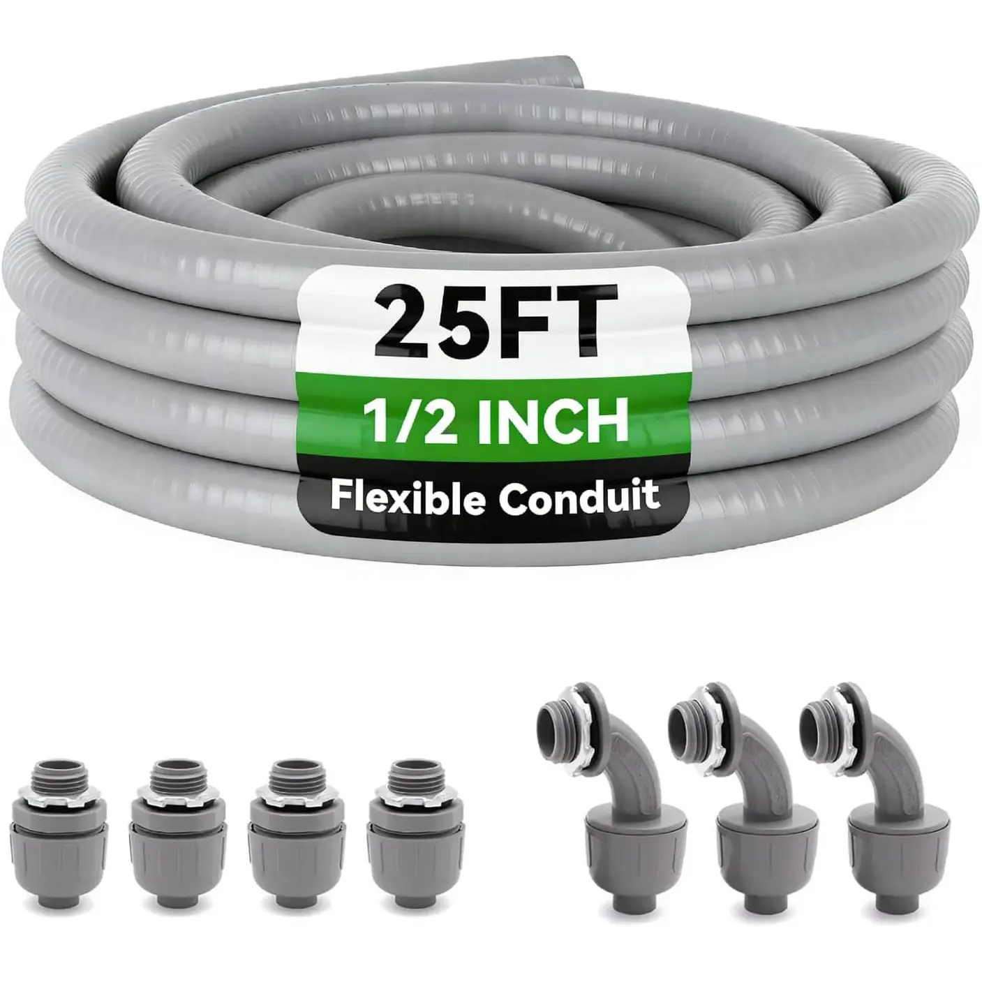 25 Ft Liquid-Tight Conduit and Connector Kit - 1/2 inch Non Metallic Liquid Tight Conduit and 4 Straight and 3 Fittings Included.1/2" Dia