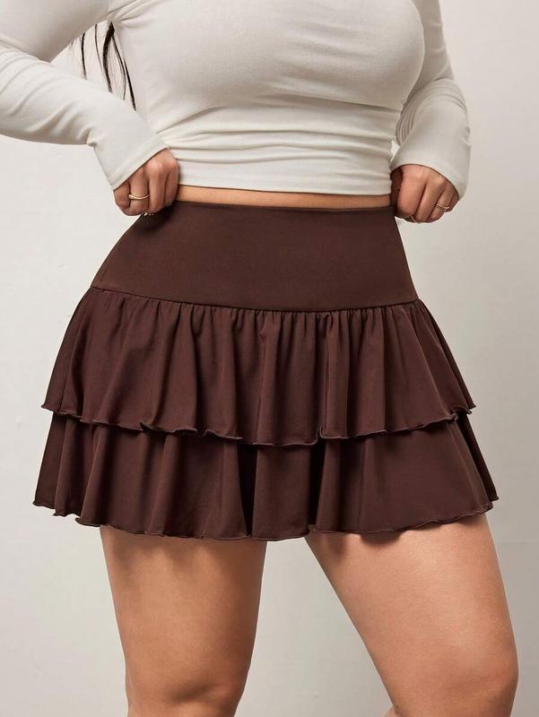 Enliva Plus Size Women Chocolate Brown Short A-Line Skirt, Cake Style, For Apple Rounded Body Shape