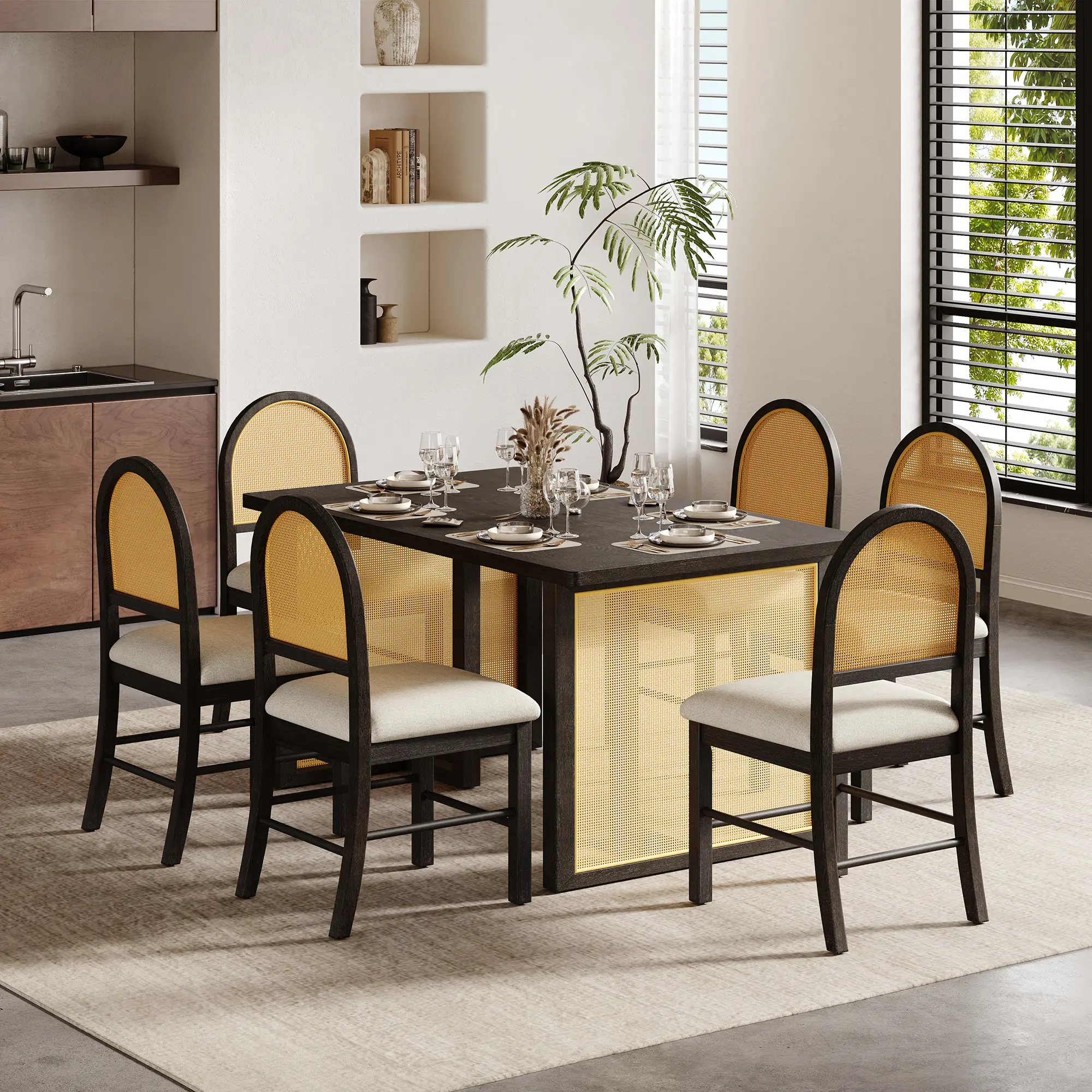7-Piece Farmhouse Dining Table Set for 6 - 59.8" Rectangular Table with Distressed Oak Veneer and 6 Rattan Chairs, Rustic Kitchen Furniture for Dining Room, Espresso Finish, Dining Room Chairs for Kitchen, Dining Room, Living Room