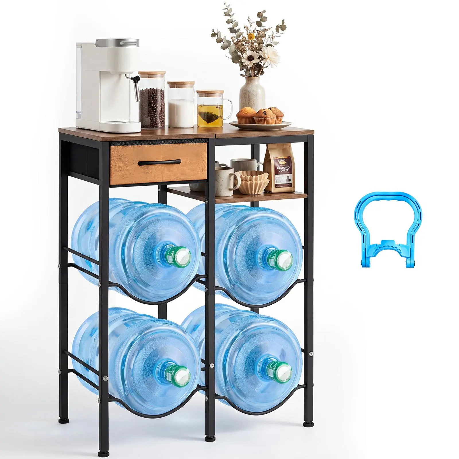 【Summerfinds】VEVOR Water Jug Holder, 4 Tiers Double Rows 3 and 5 Gallon Water Bottle Holder for 4 Bottles, Heavy Duty Jug Rack Organizer with Storage Shelf and Drawer, for Kitchen, Living Room, Black and Brown