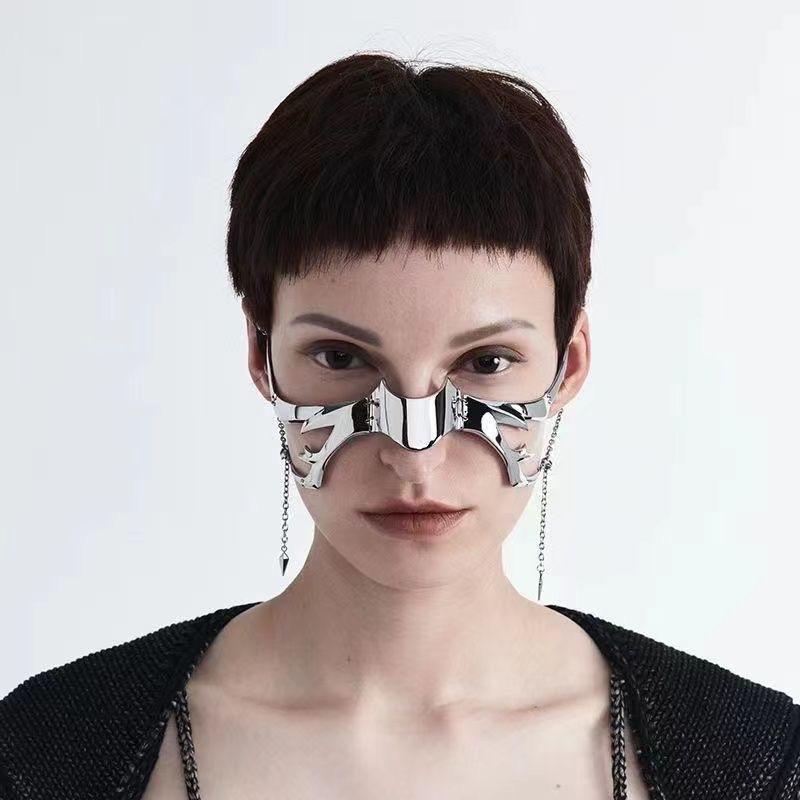 Cyberpunk Metal Face Mask Futuristic Fluid Mechanical Design Adjustable Earring Lip Ring Unisex Techwear Face Jewelry
