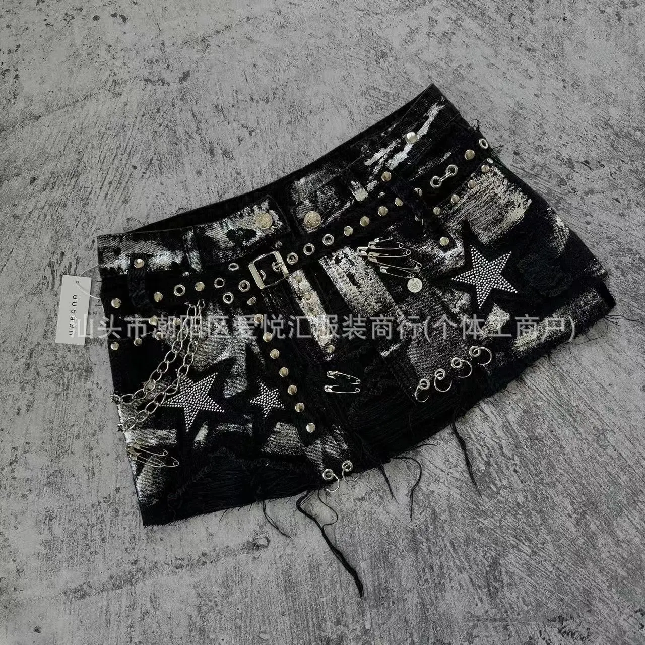 Distressed Patchwork Mini Skirt Metal Stud Chain Hardware Star Detail Dark Alternative Street Skirt