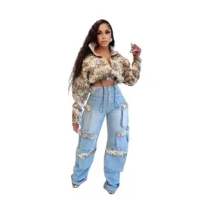 2 Piece Set Washed Denim Full Sleeve Floral Jacket And Pockets Cargo Jeans Pants Suit Street Outfit Short Vneck Womenswear Trouser Gamis Streetwear Vintage Clothes Chic
