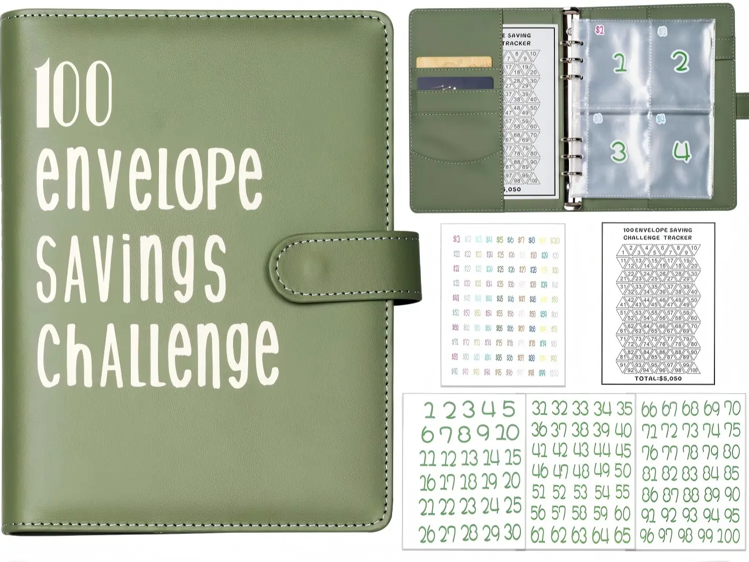 100 Envelopes Money Saving Challenge Binder Kit, Prefdo Budget Binder Book Organizer with Cash Envelopes for 100 Day Cash Stuffing, Budgeting Planner Saving Money (Green)