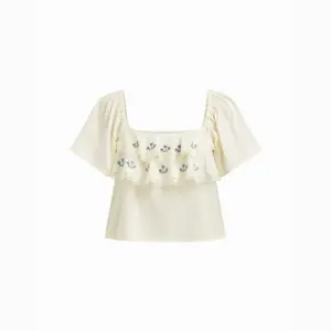 Cider 100% Cotton Floral Embroidery Square Neck Ruffle Sleeve Blouse