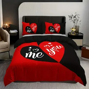 3-piece couple black and red love romantic printed quilt set, Decorative Bedding Set. Comfortable, breathable, machine washable, including 1 quilt cover + 2 pillowcases, no quilt core