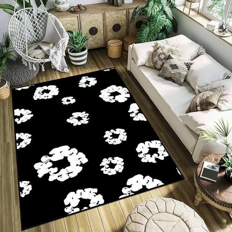 Handmade Tufted Denim Rug - Small T-Tears Black & White Floral Design, Anti-Slip, Rugs for Living Room, House Decor, Aesthetic Room Decor for Entrance